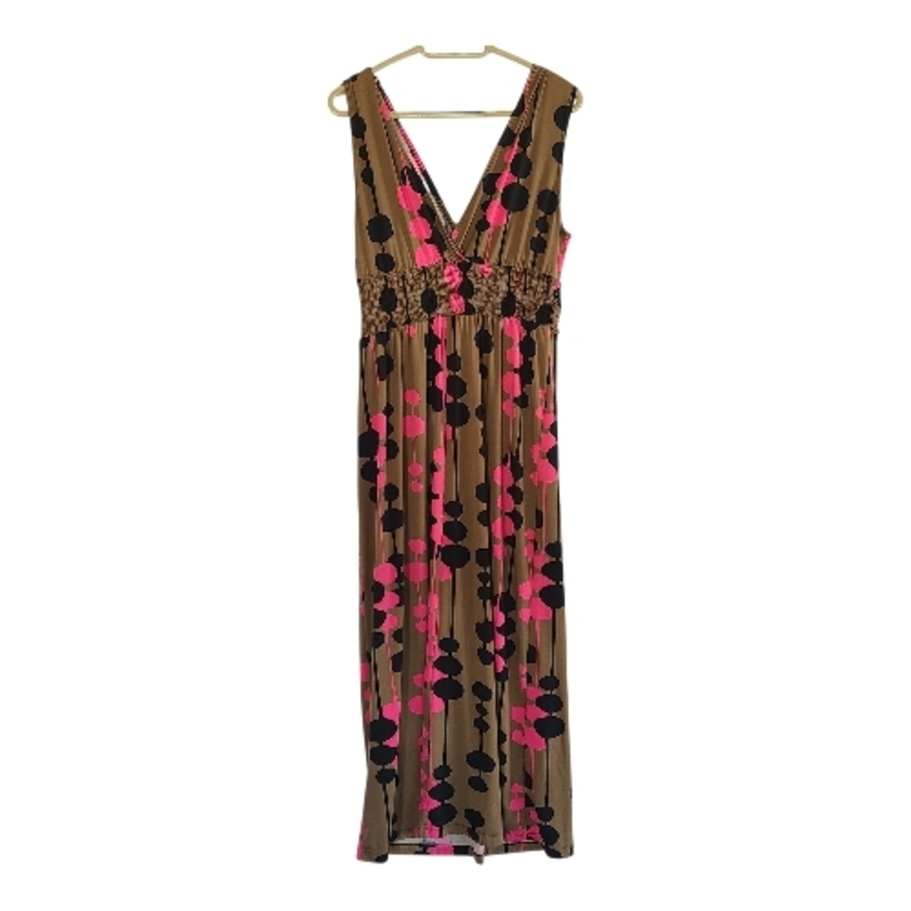 Jonathan Martin Vintage Y2K Geometric Maxi Dress Pink Brown Black 12 Stretch